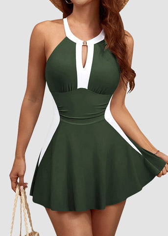 Modest Retro Color Block Skirted Swimsuit