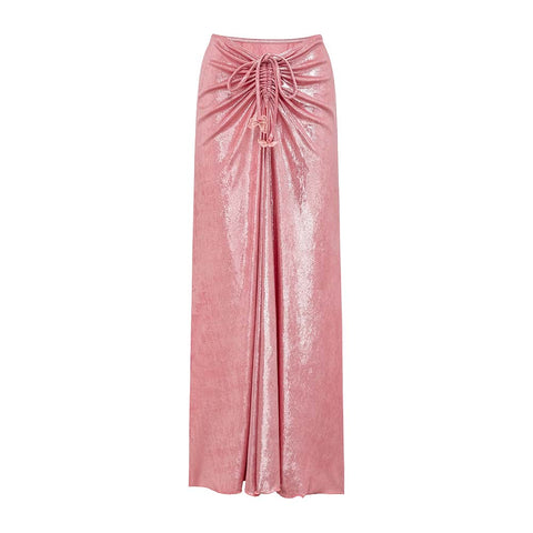 Pink Shiny Embroidered Butterfly One Piece Swimsuit and Split Skirt