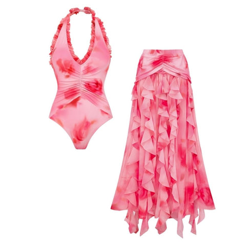 Pink Flower-dyed Halter Neck One Piece Swimsuit and Skirt	