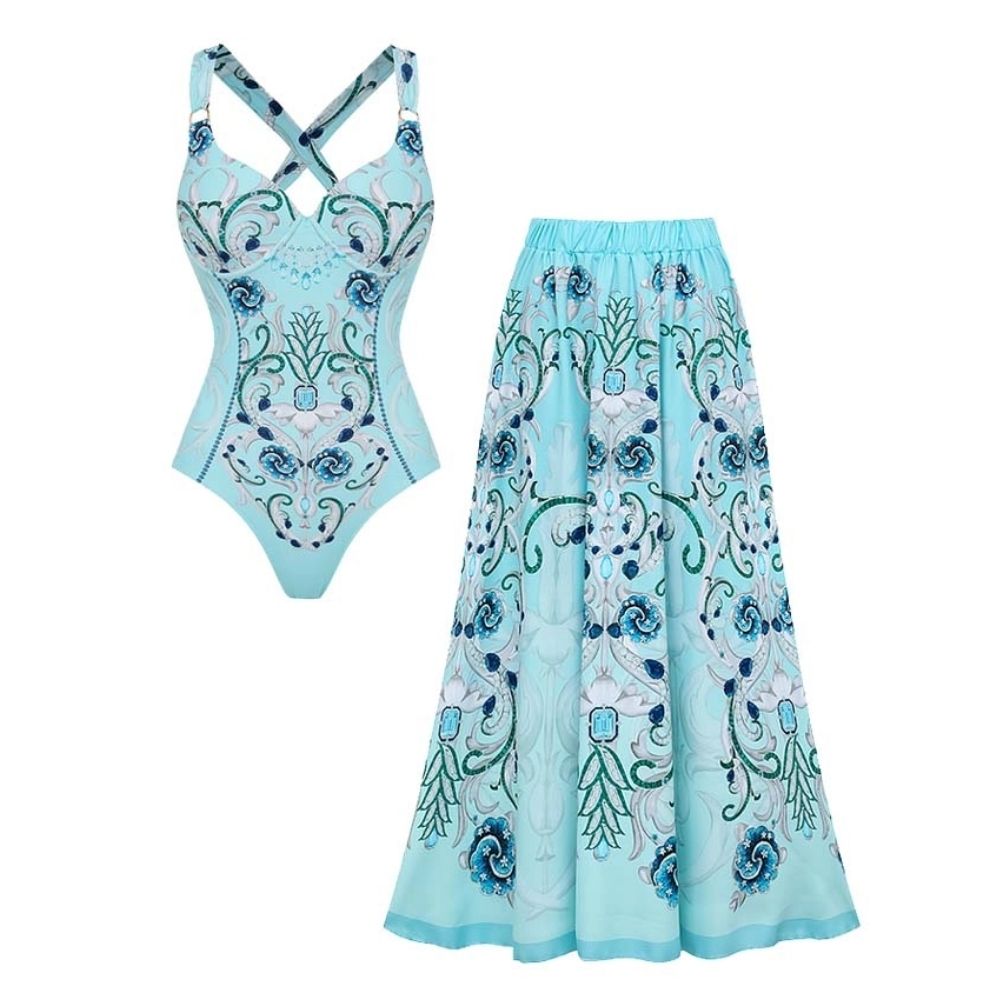 Sling Blue Jewelry Series Pattern Print One Piece Swimsuit and Skirt or Sarong	
