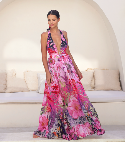 Deep V Neck Halter Printed One Piece purple	