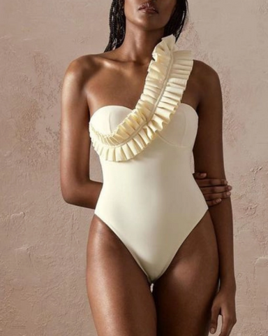 One Shoulder Ruffle White One Piece Swimsuit and Skirt