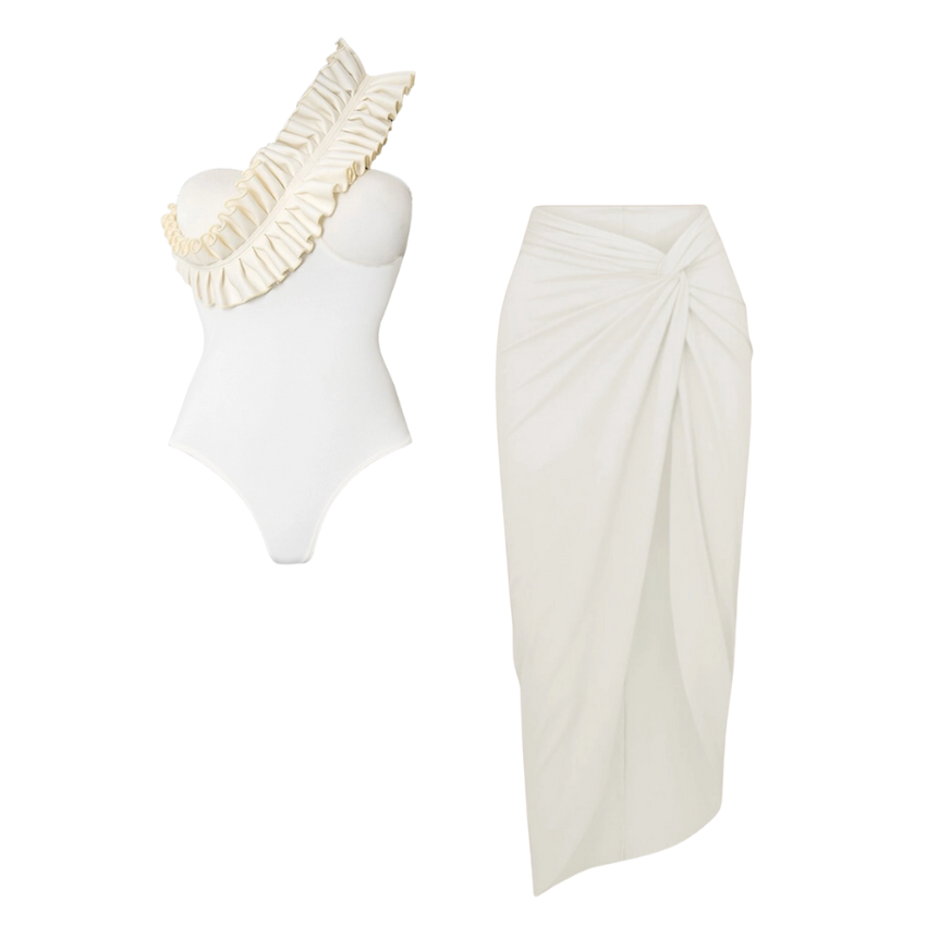 One Shoulder Ruffle White One Piece Swimsuit and Skirt