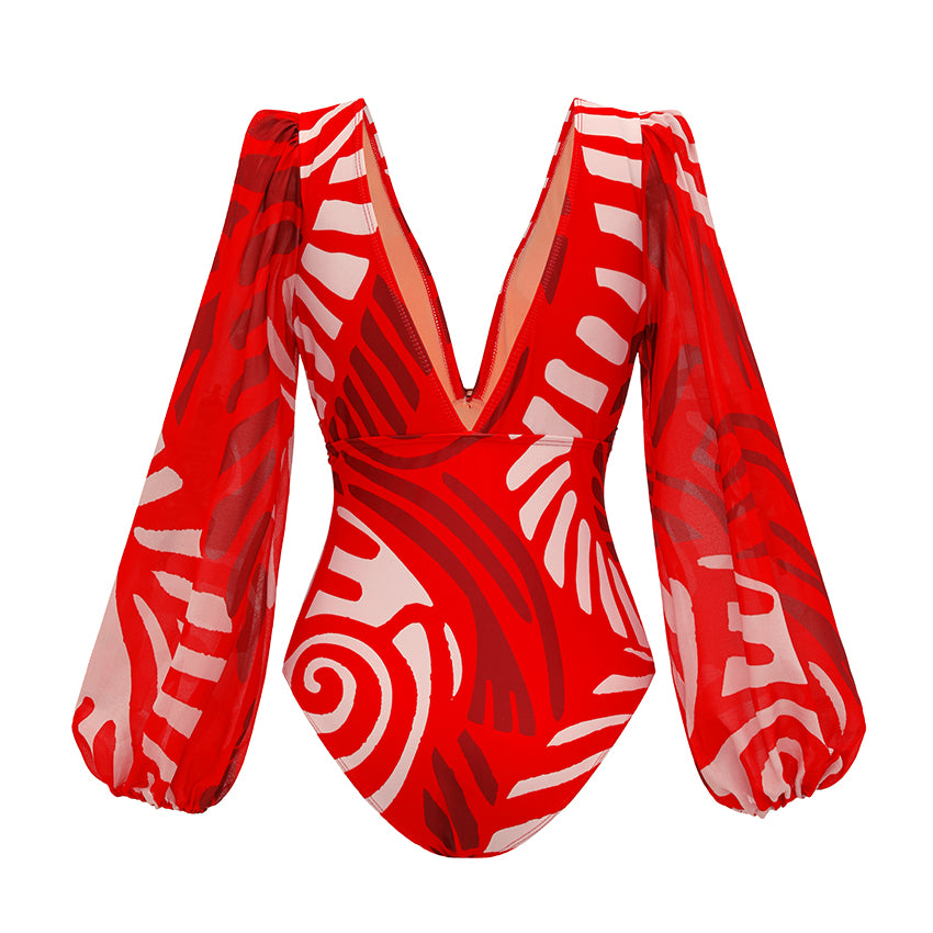 Long Sleeves Red Tribal Print Swimsuit Set(s)	