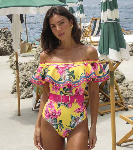 Bandeau Ruffled Orchid Print One Piece Swimsuit and Skirt	