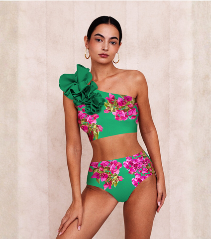 Pink Bougainvillea Flower Printed Bikini Swimsuit and Skirt Flaxmaker	