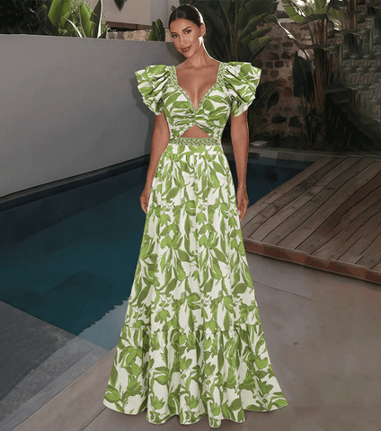Ruffle V Neck Green Print Cut Out Swimsuit Set(s)