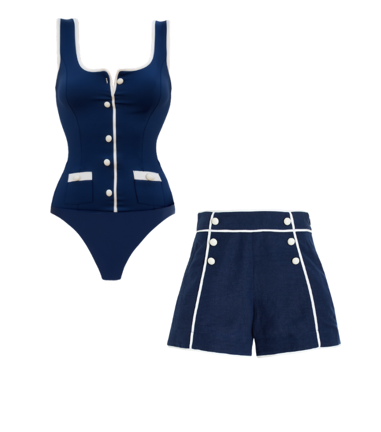 Color Block One Piece Swimsuit and Shorts	
