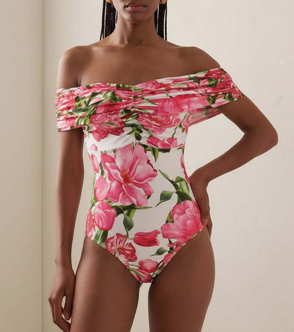 Ruched Off Shoulder Flower Print One Piece Swimsuit and Skirt	