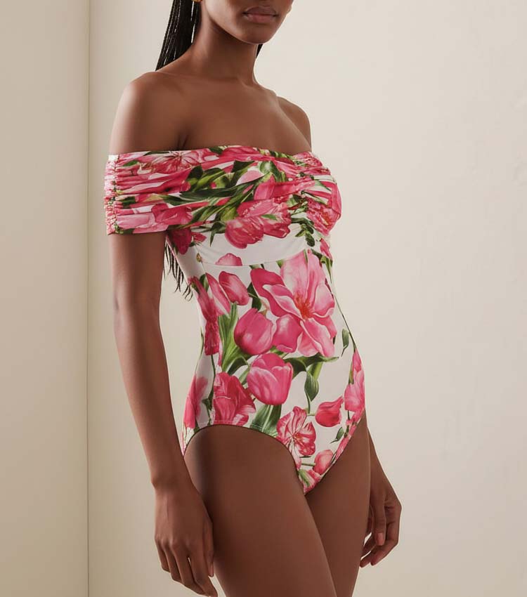 Ruched Off Shoulder Flower Print One Piece Swimsuit and Skirt	