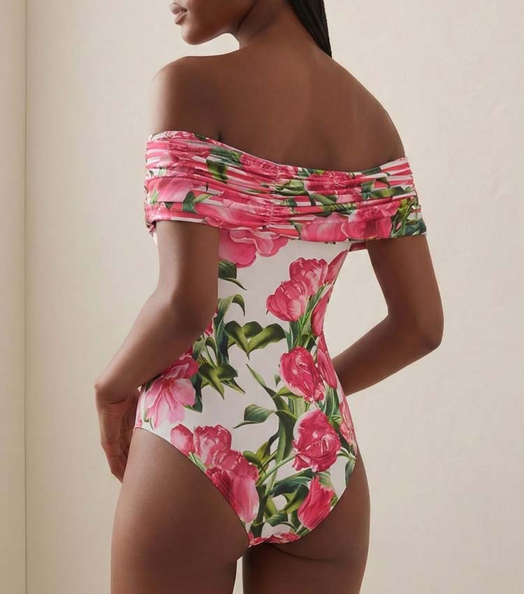 Ruched Off Shoulder Flower Print One Piece Swimsuit and Skirt	