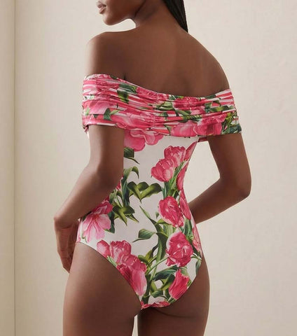 Ruched Off Shoulder Flower Print One Piece Swimsuit and Skirt	