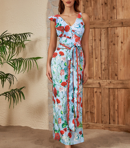 One Shoulder Printed One Piece Swimsuit and Skirt