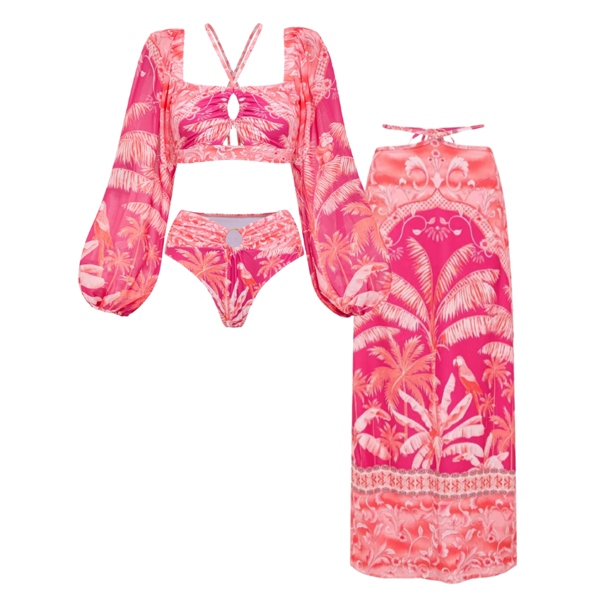 Long-sleeved Tropical Jungle Print Bikini Swimsuit and Sarong