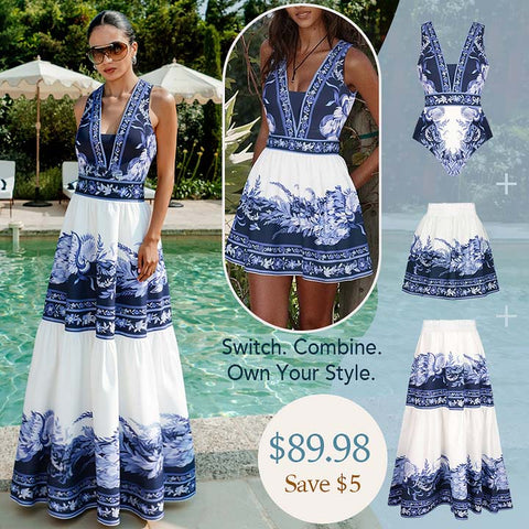 Blue and White Porcelain Print V Neck One Piece Swimsuit and Skirt	