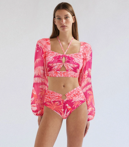 Long-sleeved Tropical Jungle Print Bikini Swimsuit and Sarong