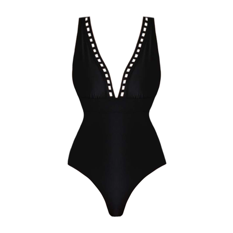 Black Hollow Design V-neck One Piece Swimsuit and Skirt