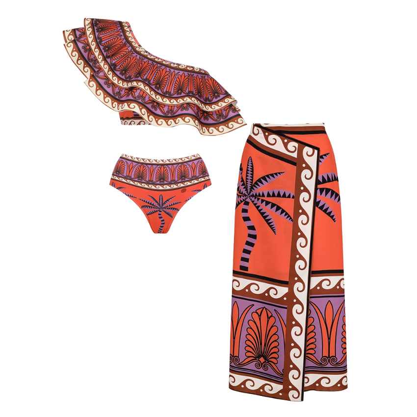 One Shoulder Ruffle Printed Bikini Swimsuit and Skirt