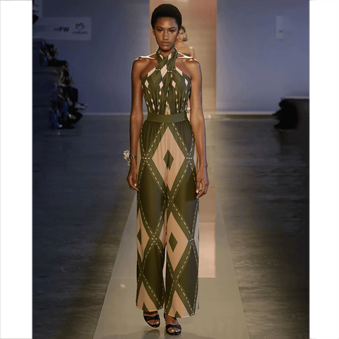 Halter Neck Geometric Pattern Print One Piece Swimsuit and Pants