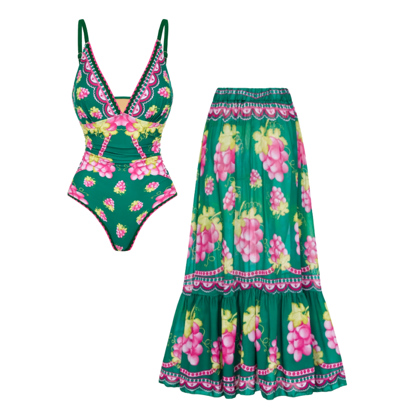 Deep V Retro Green Grapes Print One Piece Swimsuit and Skirt	