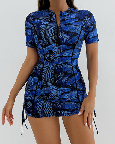 Women's Short Sleeve Swimsuit Zip One Piece Swimdress