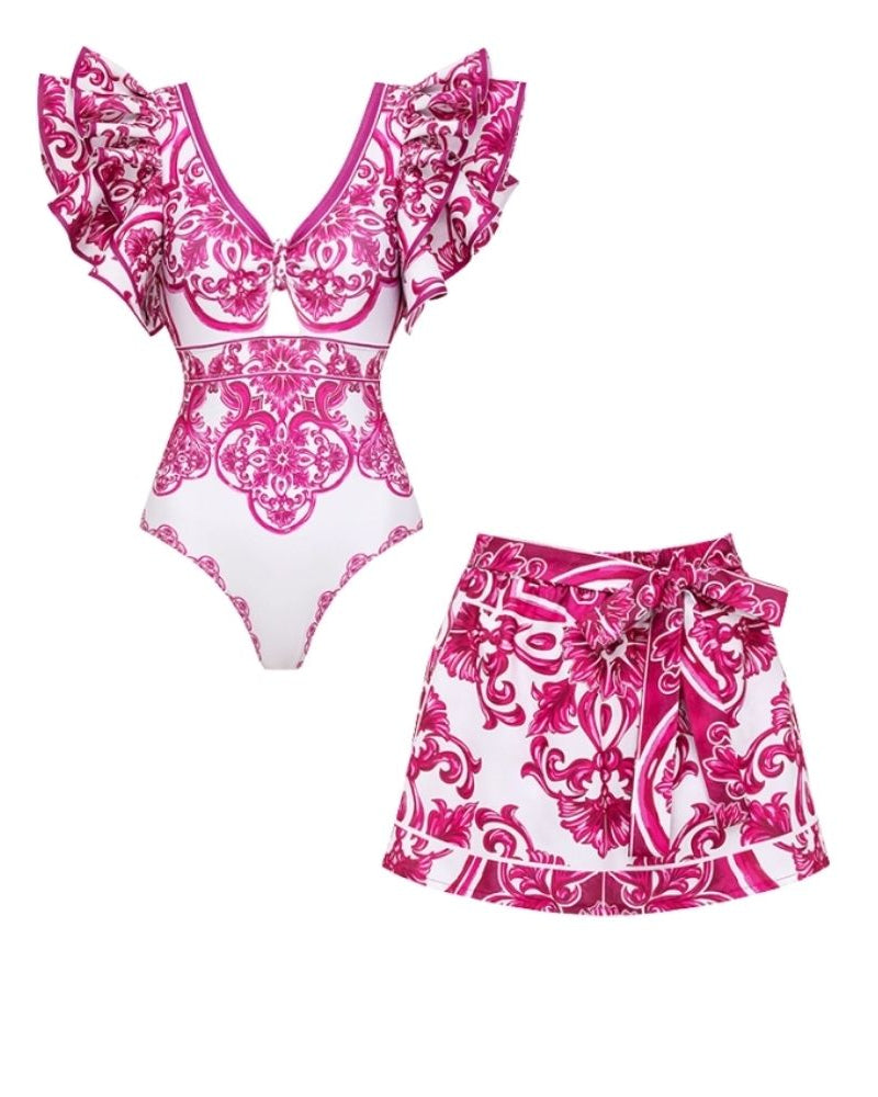 Classic Majolica Series Pattern Print One Piece Swimsuit and Skirt or Shorts