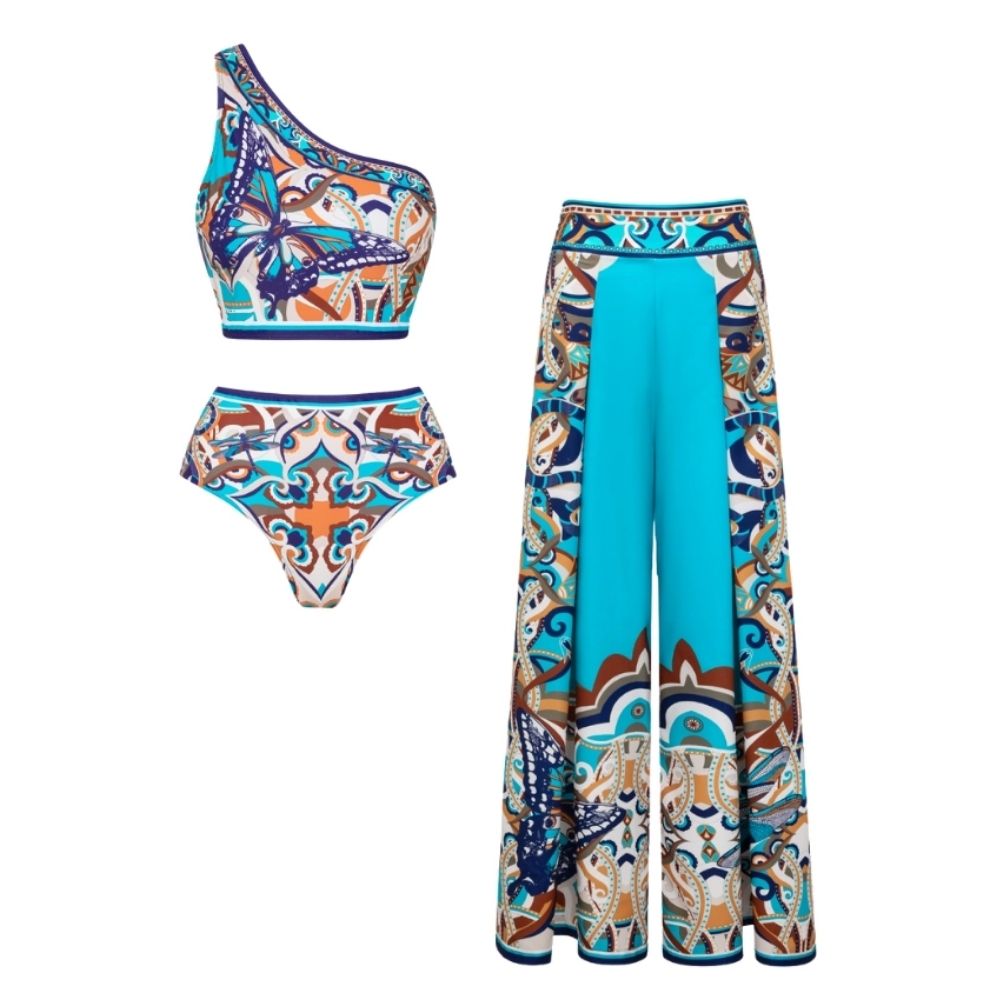 Butterfly and Dragonfly One Shoulder Hollow Print Bikini Swimsuit and Skirt	