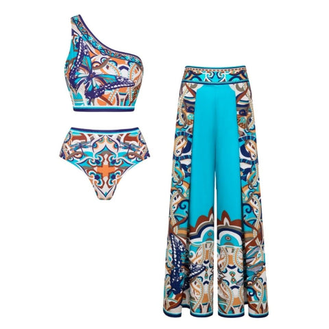 Butterfly and Dragonfly One Shoulder Hollow Print Bikini Swimsuit and Skirt	
