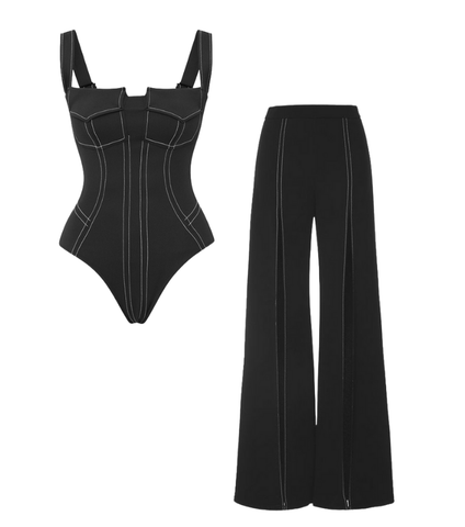 Black Pocket One Piece Swimsuit and Slit Pant