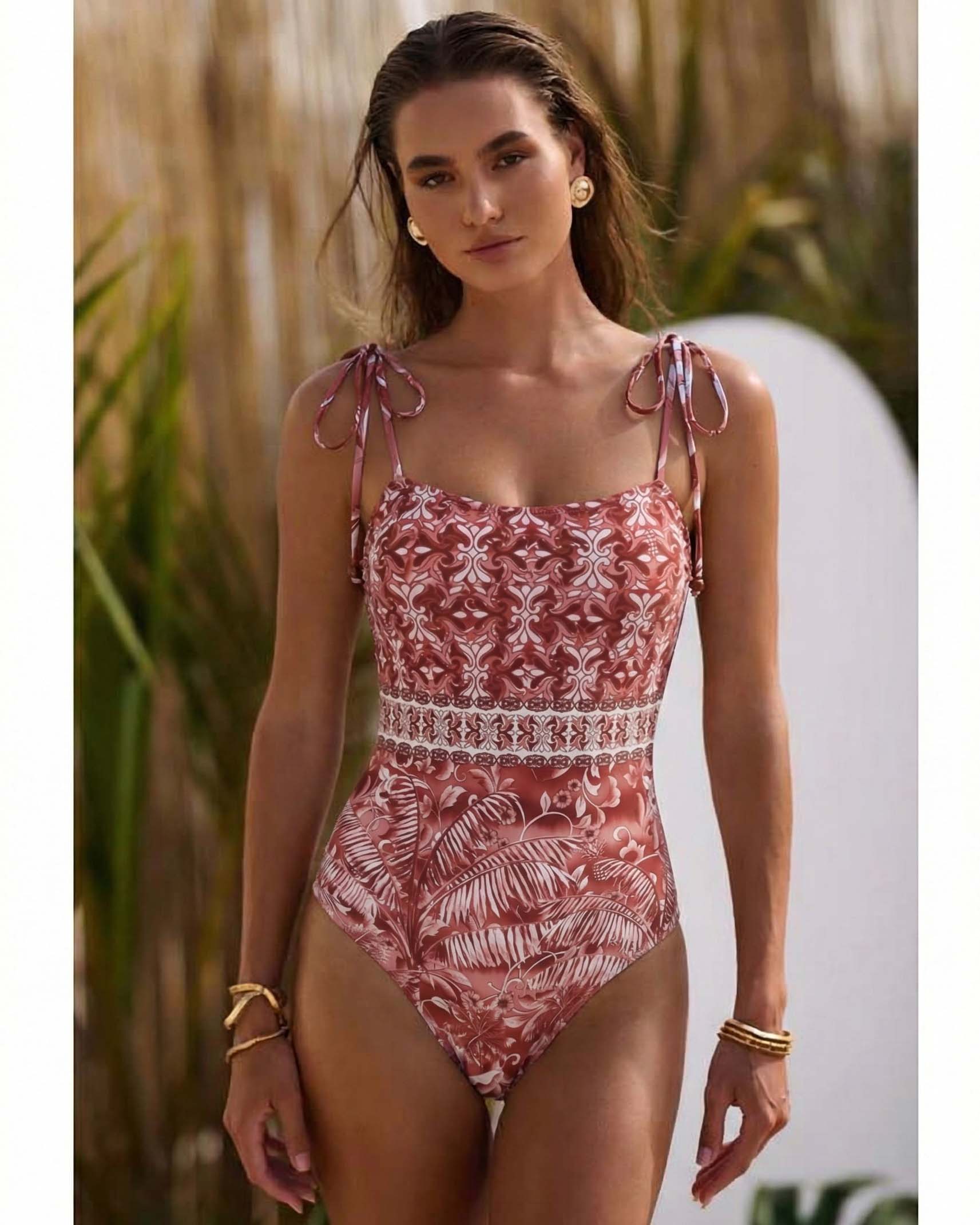 Tie-up Retro Forest Print One Piece Swimsuit and Skirt	