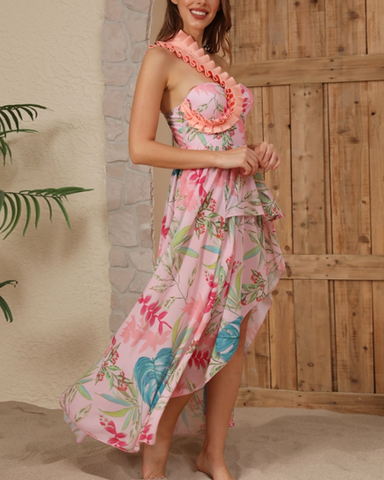 One Shoulder Floral Print One Piece Swimsuit and Skirt