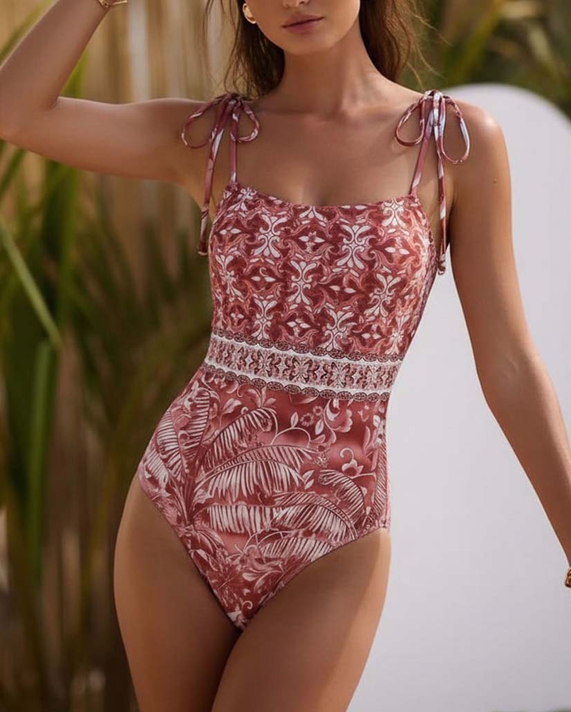 Tie-up Retro Forest Print One Piece Swimsuit and Skirt	