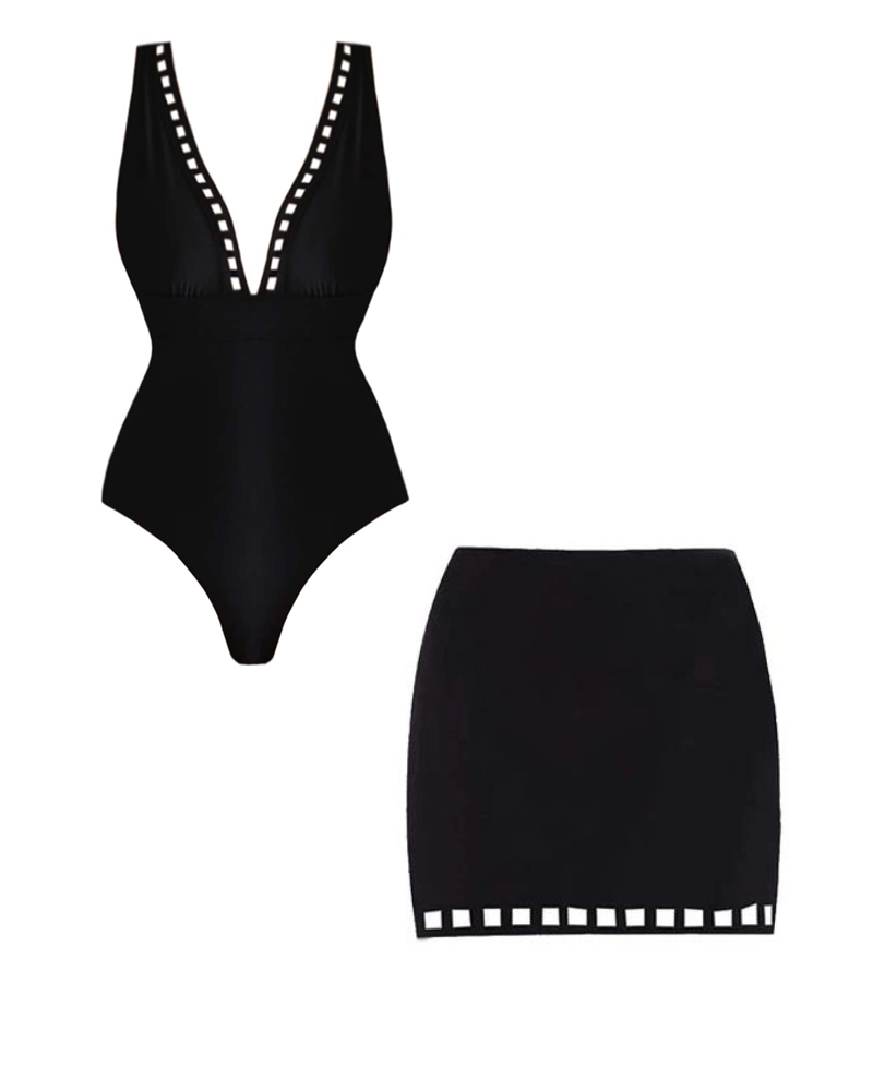 Black Hollow Design V-neck One Piece Swimsuit and Skirt