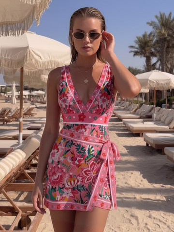 Pink Floral Paradise Print V-neck One Piece Swimsuit and Skirt	