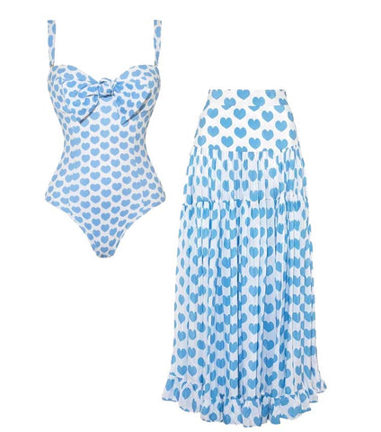 Bowknot Heart Print One Piece Swimsuit and Skirt	
