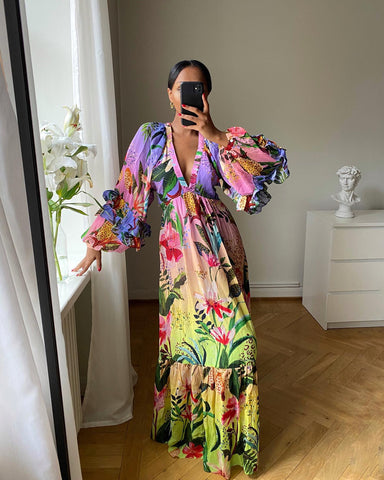 Ruffle V Neck Blossom Printed Dress