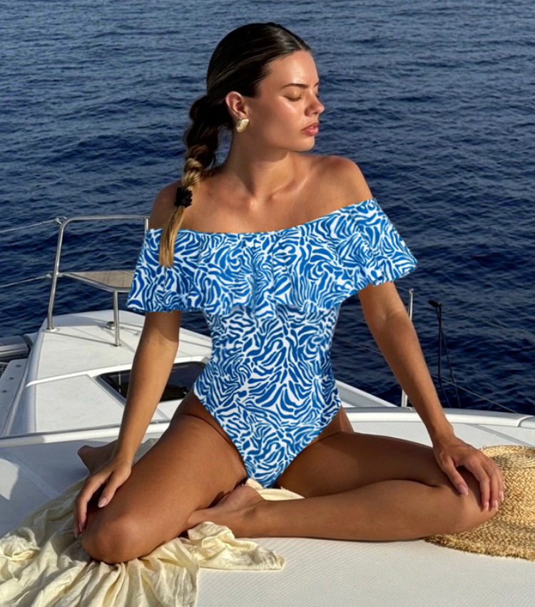 Ruffle Printed One Piece Swimsuit and Skirt	