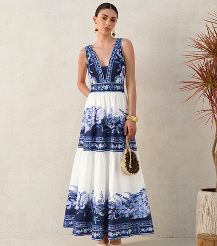 Blue and White Porcelain Print V Neck One Piece Swimsuit and Skirt	