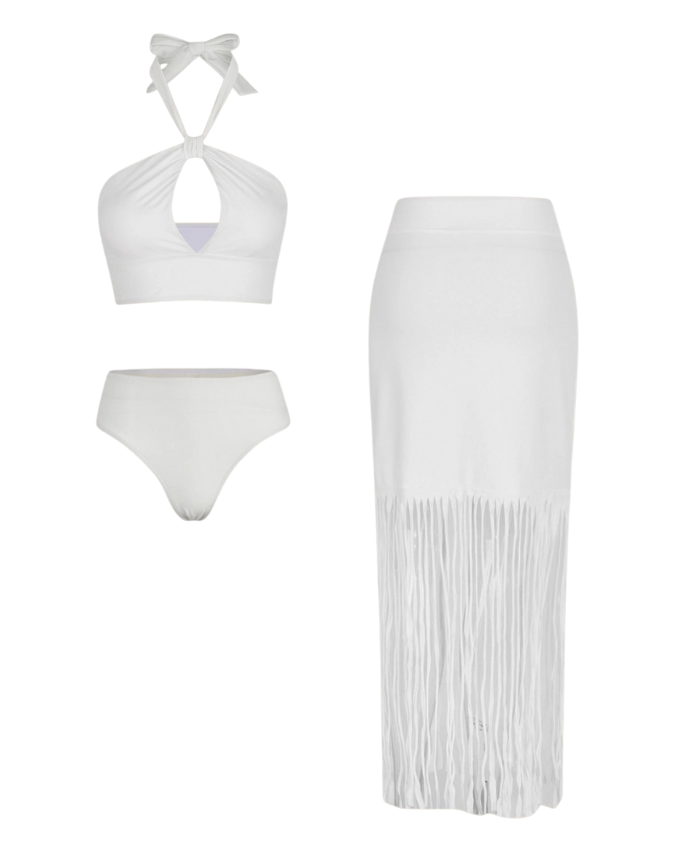 Tassel Solid Color Bikini Swimsuit and Sarong