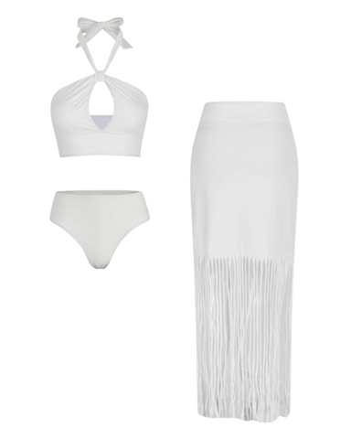 Tassel Solid Color Bikini Swimsuit and Sarong