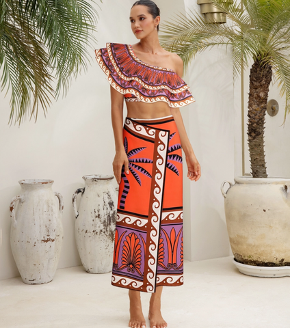One Shoulder Ruffle Printed Bikini Swimsuit and Skirt