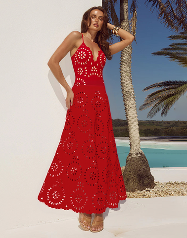 Red Laser Cutting Flower Hollow One Piece Swimsuit and Skirt