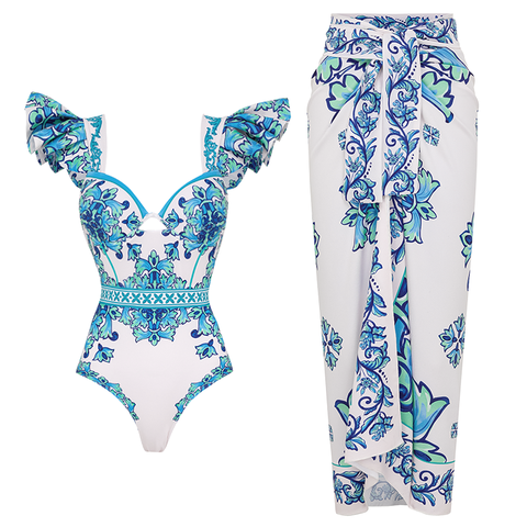 Ruffle Majolica Print One Piece Swimsuit and sarong or Pants