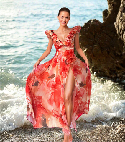 Ruffle Shoulder Flower Print One Piece Swimsuit and Skirt