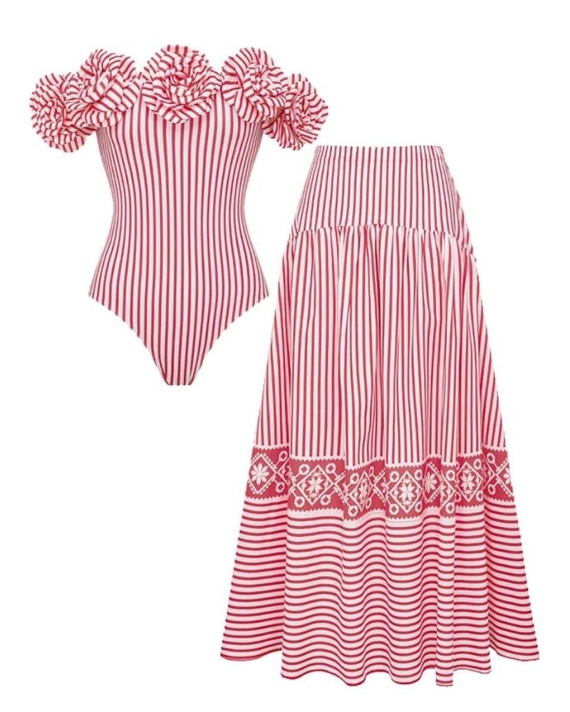 Open Shoulder 3D Flower One Piece Swimsuit and Skirt