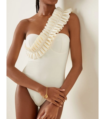 One Shoulder Ruffle White One Piece Swimsuit and Skirt