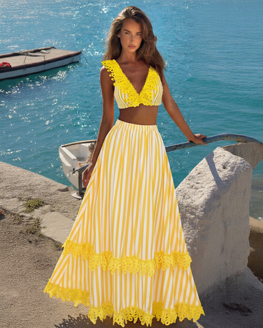 V-neck Yellow Stripes Swimsuit Set(s)