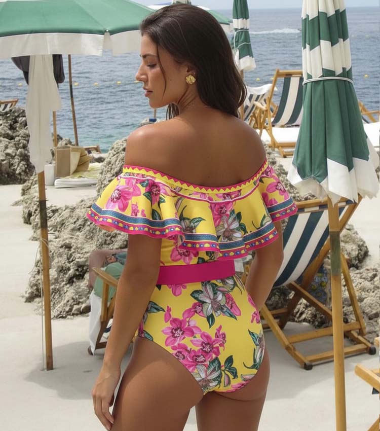 Bandeau Ruffled Orchid Print One Piece Swimsuit and Skirt	