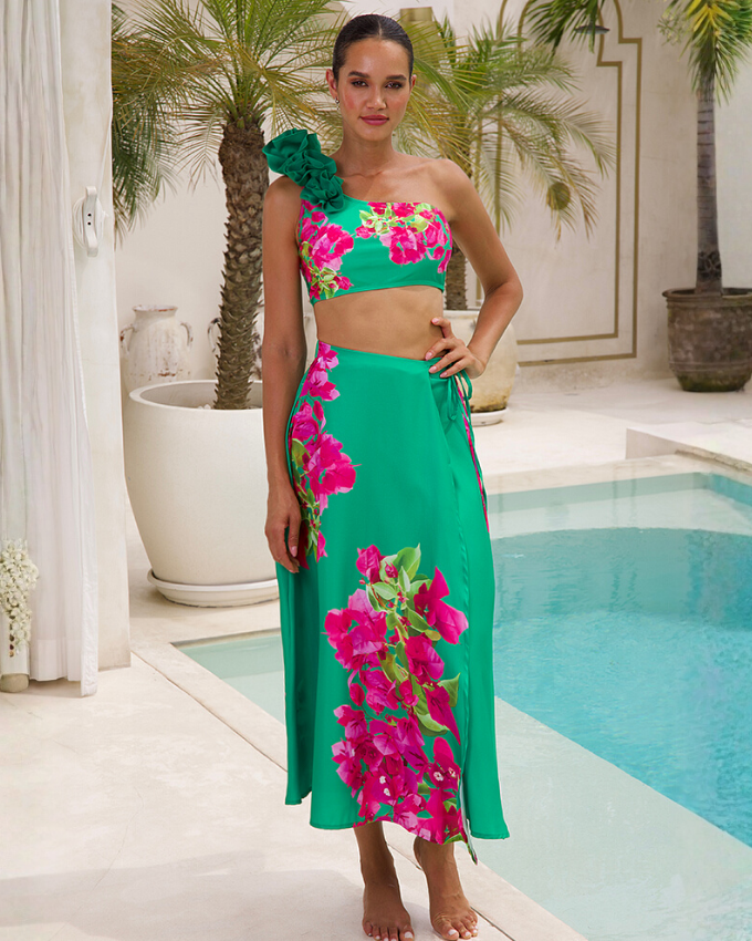 Pink Bougainvillea Flower Printed Bikini Swimsuit and Skirt Flaxmaker	
