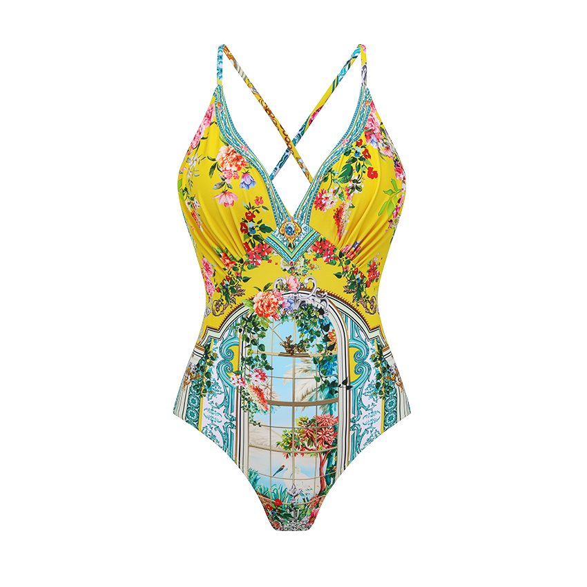 V-neck Straps Bougainville Print Swimsuit Set(s)	